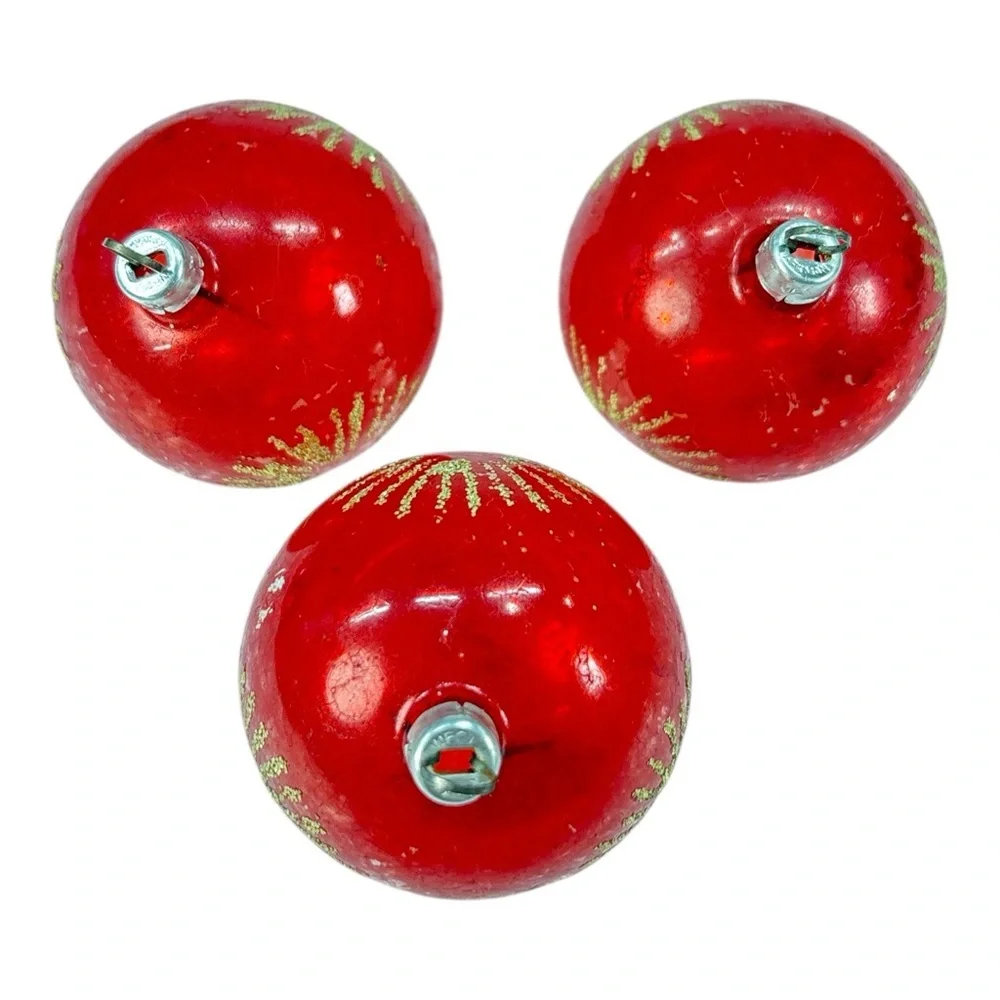 4 Vtg Glass Christmas Balls Ornaments Red Gold Glitter Starburst West Germany